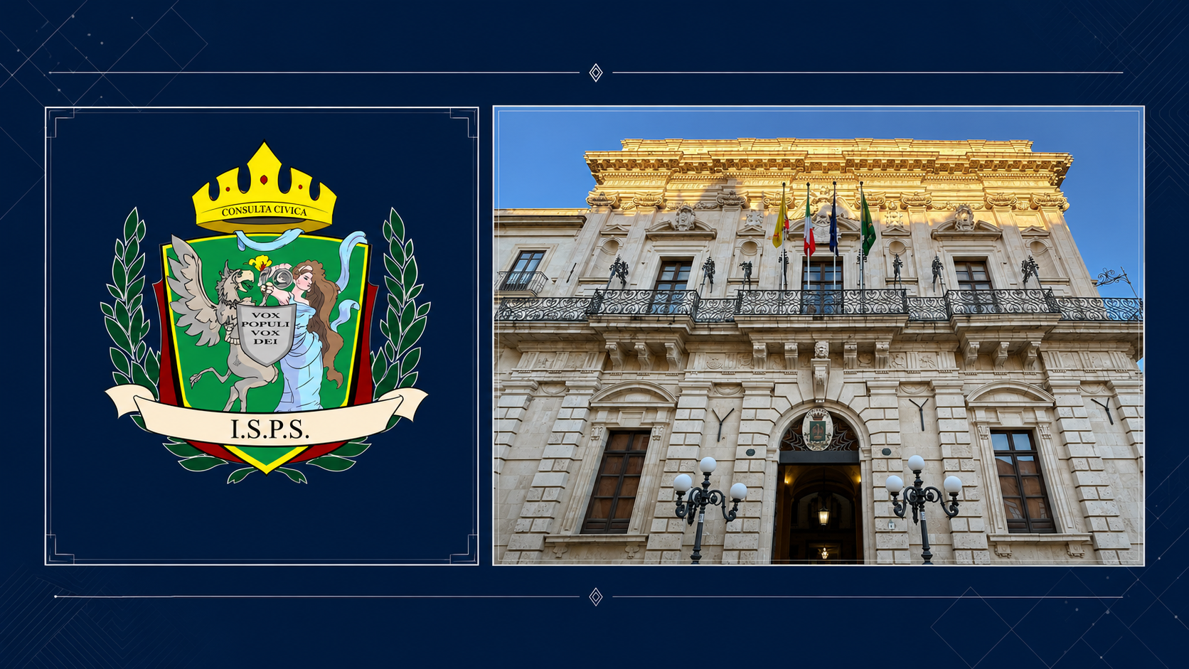 Stemma della Consulta Civica di Siracusa accanto a Palazzo Vermexio, sede del Comune
